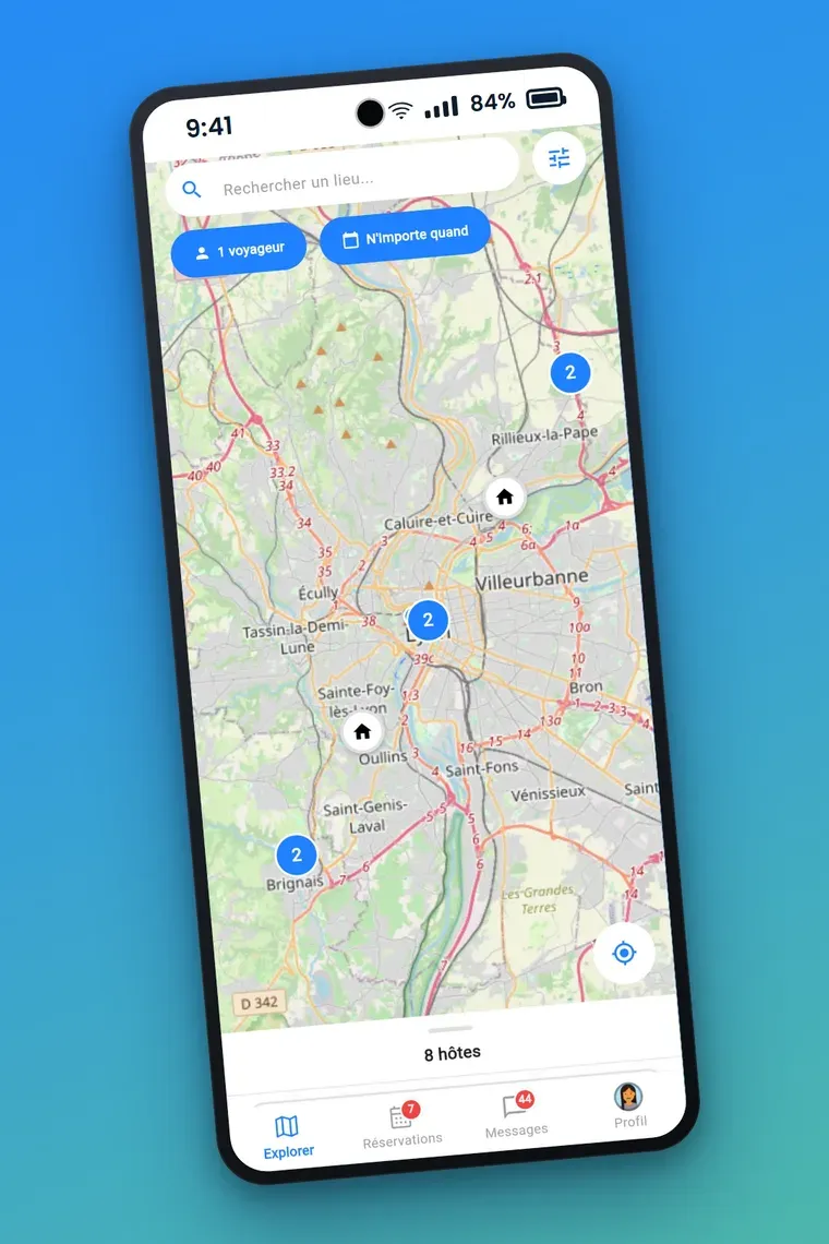 O mapa da Bikipi, com anfitriões disponíveis perto de Lyon