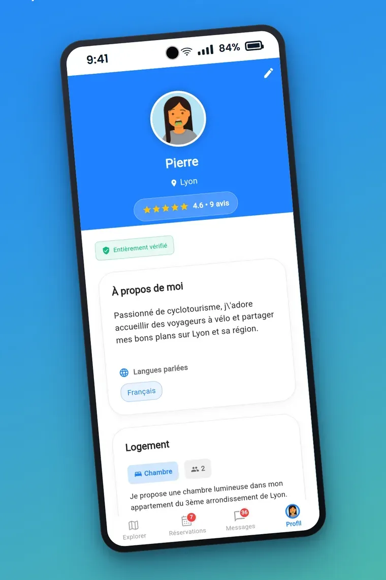 Le profil d'un hôte dans l'application Bikipi, avec ses avis et son logement